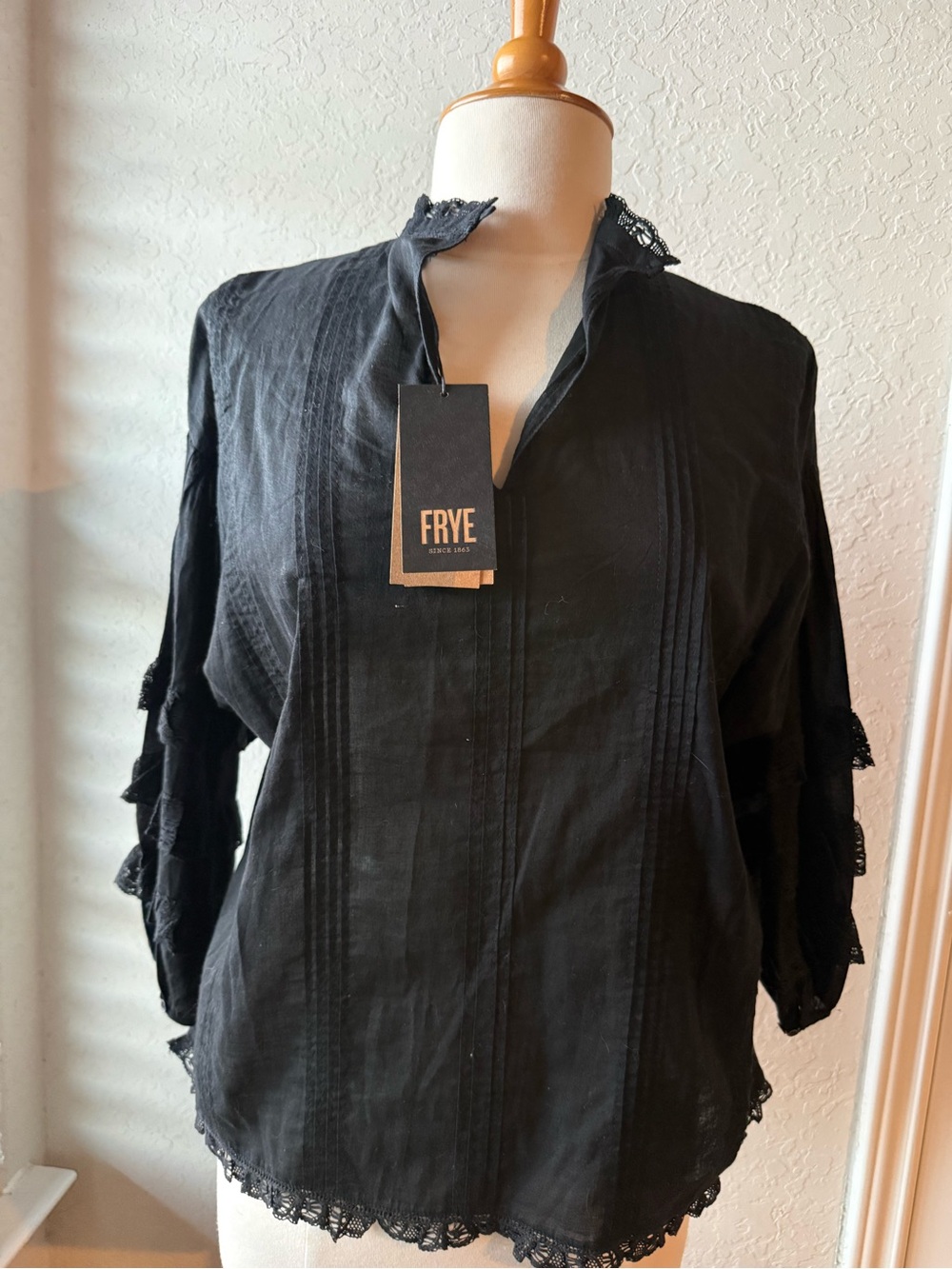FRYE Black Lace-Trim Pintuck Peasant Blouse